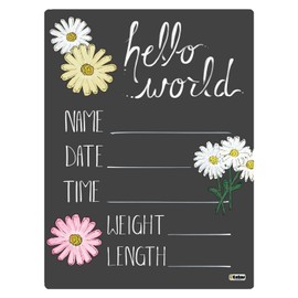 Cohas Hello World Newborn Baby Announcement Chalkboard Sign with Daisy Flower Theme, 9 by 12 Inches, No Marker