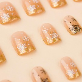 24Pcs Christmas Press on Nails Short Coffin Fake Nails Gold Glitter Nail Tip Design Full Cover Stick on Nails Winter Snowflake False Nails Glossy Square Acrylic Nails for Women Xmas Holiday Nail Decor