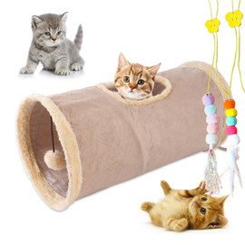 mymai Foldable Cat Tunnel with Soft Suede Cover, Interactive Rustling Tunnel for Cats with 2 Hanging Toys, Ideal for Rabbits Small Pets (Khaki, A)