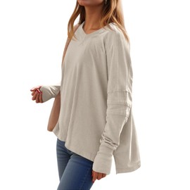 Tankaneo Womens Long Sleeve Workout Tops Oversized Hiking Shirts V Neck Side Split Gym Tunics with Thumb Holes Khaki