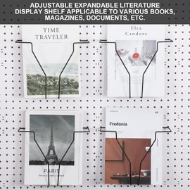 Wonderjune 4 Pcs Expandable Literature Display for Pegboard, Adjustable Width Metal Wire Magazine Holder Pegboard Shelf Hooks Accessories for Exhibitions Trade Show and Office Retail Store(Black)