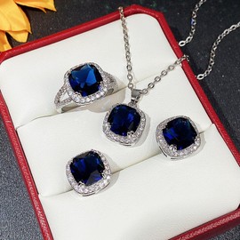 18K White Gold Plated Blue Created Sapphire Jewelry Sets for Women Costume Wedding Jewelry Set with Necklace Ring Earring for Bride Bridesmaid Sapphire Blue Zircon Pendant Earrings Ring Size 10