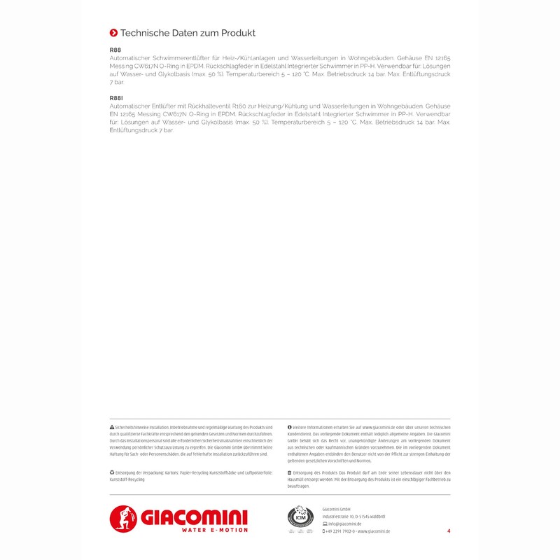 R88I Automatic Bleed Valve R88IY003 1/2 Inch GIACOMINI