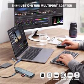 Hub USB, adaptador multipuerto USB C, divisor USB 8 en 1 con 1 USB 3.0, 3 x USB2.0, 1 x USB C, lector de tarjetas SD/TF, conector de auriculares de 3.5 mm, conector USB C para dispositivos MacBook