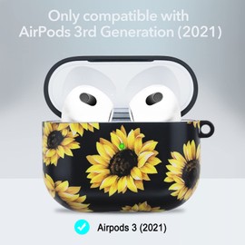 Compatible with Airpods 3rd Generation Case - Wonjury Protective Hard Compatible with Airpods 3 Case Cover with Cleaner Kit Women Girls Keychain, Sunflower