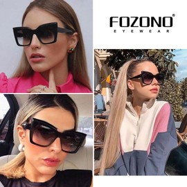 Fozono Large Cat Eye Sunglasses for Women Trendy Oversized Square Retro Sunnies Sun Glasses Leopard Frame/Tea Lens