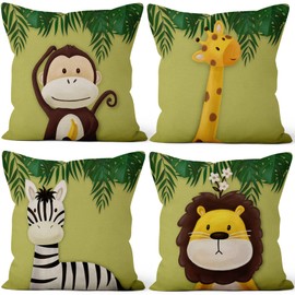 Aoihrraan Cushion Covers 41 x 41 cm Cartoon Animals Pillow Case Home Decorative Square Throw Pillow Covers, Linen Throw Pillowcases With Invisible Zipper for Sofa Car Bedroom, Pack of 4