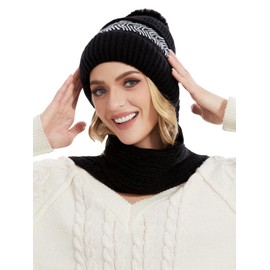 Knuffnee Women's Winter Warm Hat Windproof Hooded Scarf Soft Knitted Hat Fleece Lined Hat Scarf 2 in 1, black