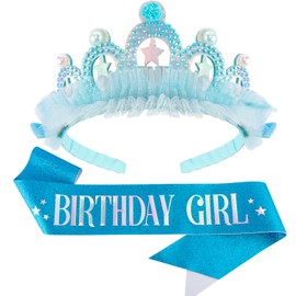 Atoden Birthday Crown and Sash for Girls Glitter Princess Tiara Rhinestone Crowns Star Headband Headpiece Blue Happy Birthday Decorations Party Supplies Hair Band Gifts