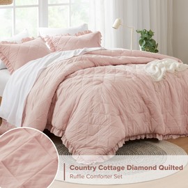 Comfort Spaces Queen Comforter Set Ruffle Shabby Chic Comforter for Queen Size Bed, Prewashed Microfiber, Fluffy, All Season Queen Bedding, Shams, Country Cottage Decor, Full/Queen, Blush 3 Piece