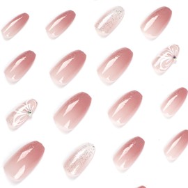 Ceboic Pack of 24 Nails for Sticking, Medium Coffin, French Artificial Nails, Pink Glitter Artificial Nails, Press On Nails with Butterfly Rhinestones, Ballerina Acrylic Fake Nails for Women and Girls