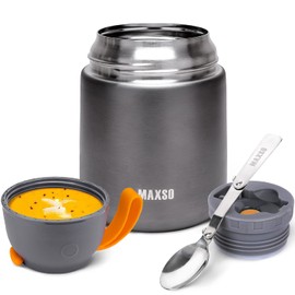 MAXSO Soup Thermo for Hot & Cold Food for Adults Kids, 17 oz Vacuum Insulated Steel Lunch Container Bento Box with Spoon, Leakproof Thermal Food Jar for School Office Travel - Grey