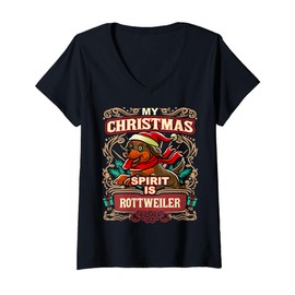 Womens Rottweiler My Christmas Spirit Dog Santa Claus Elf Reindeer V-Neck T-Shirt