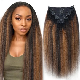 Mihugass T1BP1B/30 Kinky Straight Clip in Hair Extensions Real Human Hair Extensions Omber Kinky Straight Clip ins 12 Inch Clip on Hair