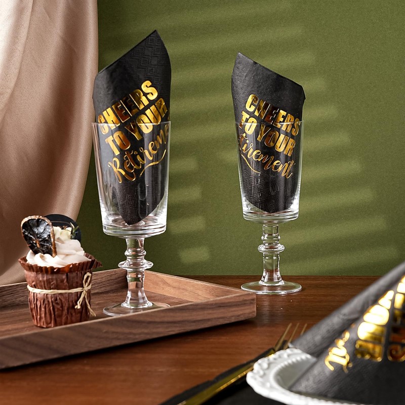 WRAPAHOLIC 25Pcs Retirement Cocktail Napkins - 3-Ply Black Gold Foil