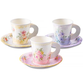 HOMIX 24 Paper Tea Cups and Plates, 7 OZ Disposable Paper Teacups and Saucer Sets for Hot and Cold Drinks for Birthday, Princess, Floral, Tea Party Decorations
