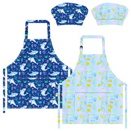 TOPWAYS 2PCS Kids Aprons, Chef Hat Set Children Apron, Underwater World Print Children's Apron Adjustable with 2 Pockets for Cooking Baking Painting Wear (2PCS Underwater World)