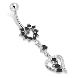 Comfort Zone Studios 1.6 MM (14g) Stainless Steel Jet Black CZ Double Floating Floral Love Heart Charm Dangling Belly Button Navel Ring