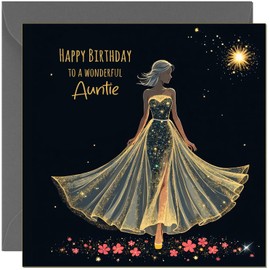 Beautiful Auntie Birthday Card Black & Gold Silhouette Dress Design - Female Elegant Birthday Cards for Aunt