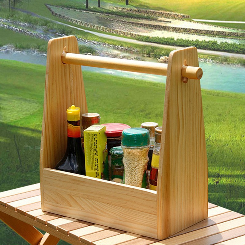 Outdoor Wood Seasoning Storage Basket with Handle Picnic Condiments BBQ