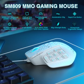 SOLAKAKA SM809 MMO Gaming Mouse Wired RGB with 9 Side Buttons,24000 DPI High Precision Sensor Optical Ergonomic Gamer Mouse,16 Programmable Custom Macro Shortcuts Remapping PC Gaming Mice for FPS MOBA