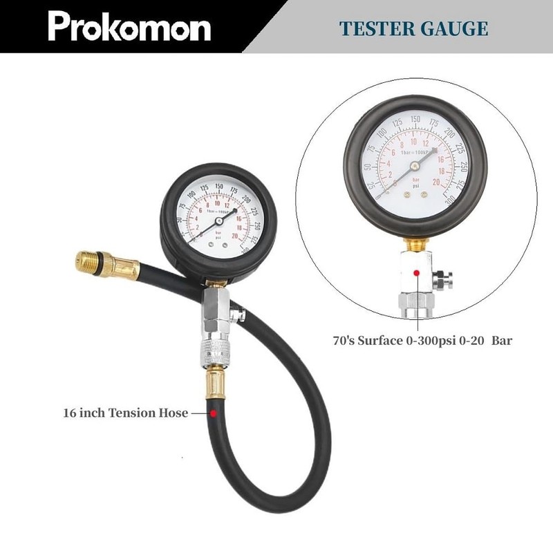 Prokomon Petrol Gasoline Engine Compression Tester Kit; 300 Psi Engine