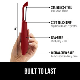 GORILLA GRIP Patented BPA-Free Sharp Stainless Steel Dual Swivel Vegetable Peeler, Soft Comfortable Handle, Smoothly Peel Apples, Potatoes, Carrots, Includes Blade Cover, Kitchen Tool Peelers, Red