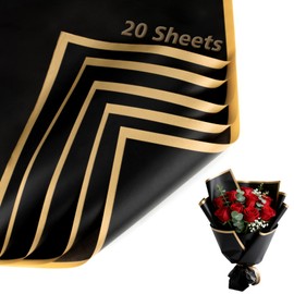 20PCS RAINFLOW Flower Wrapping Paper - Floral Bouquet Wrapping Paper Waterproof Florist Supplies Wedding Birthday Valentine'S Day Gift Flower Packaging Black Gold,22.8x22.8 Inch