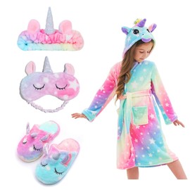 Piefry Girls Soft Unicorn Hooded Bathrobe with Unicorn Slippers, Blindfold and Headband - Gifts for Girls, reddish