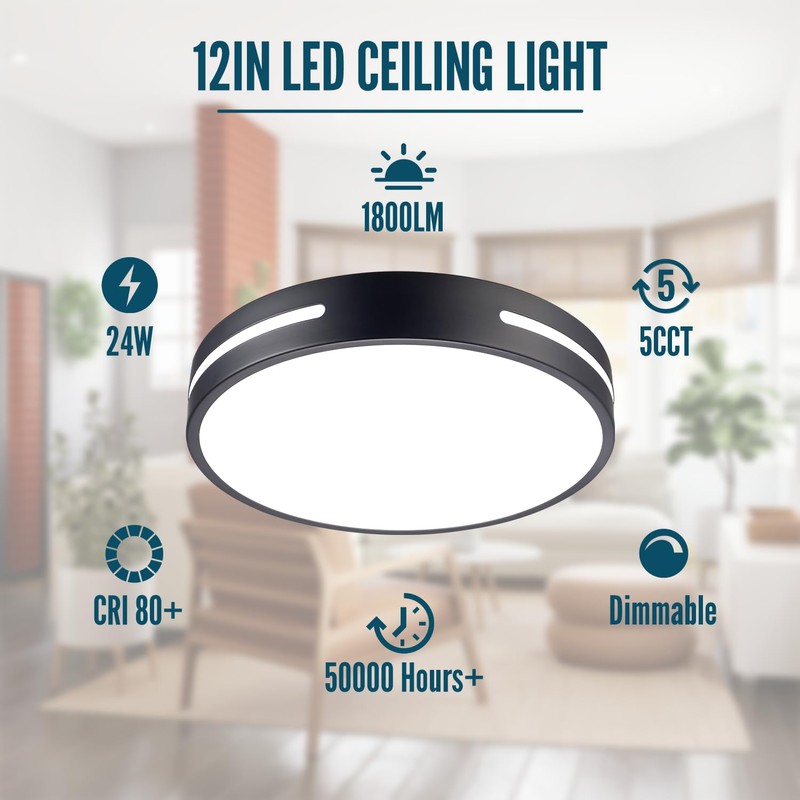 Wheatronic LED Ceiling Light Flush Mount 24W, Black Kitchen Light