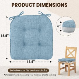 downluxe Indoor Chair Cushions for Dining Chairs, Tufted Overstuffed Textured Kitchen Chair Pads with Ties and Non-Slip Backing, 15.5" x 15.5" x 4", Light Blue, 6 Pack