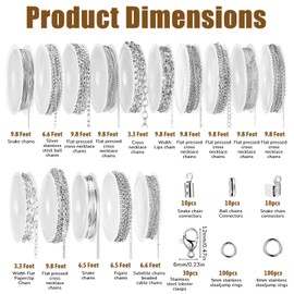 Afcabakila 15 Rolls Necklace Chains Stainless Steel Jewelry Chains Kit 118 Feet Silver for Jewelry Making DIY Necklace Bracelet Making with Jump Rings Lobster Clasps and Connectors
