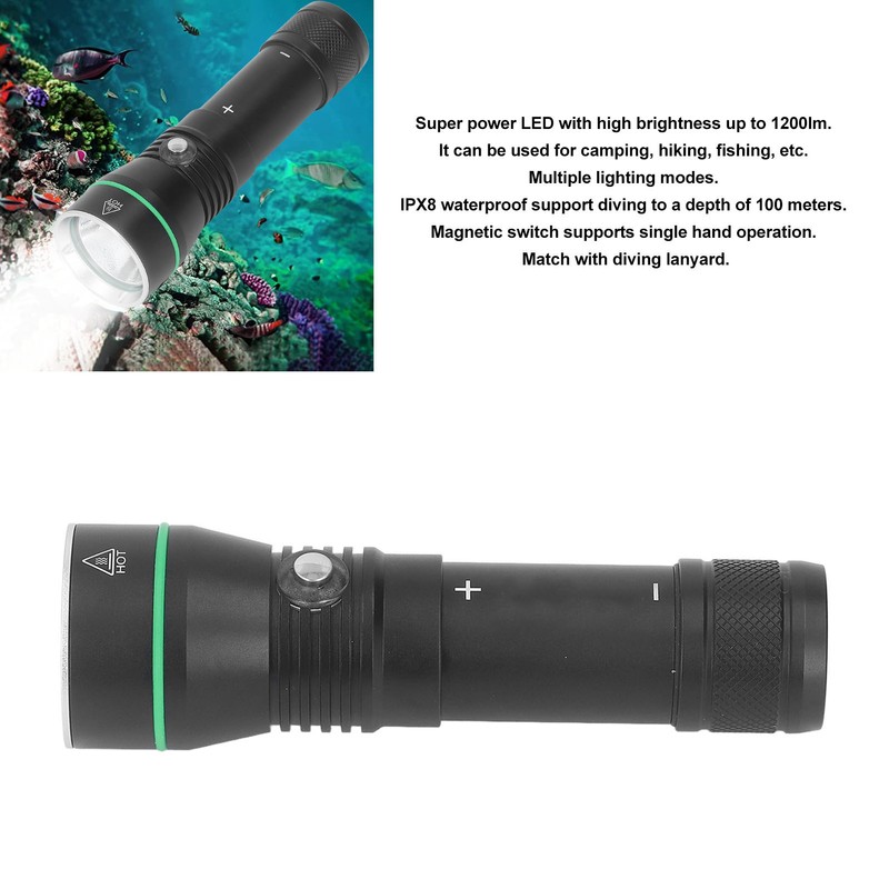 Diving Flashlight Super Bright Flashlight 1200LM Aluminum Alloy IPX8 Waterproof