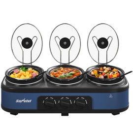 SUNVIVI Triple Slow Cooker, Buffet Food Warmer with 3 x 1.5 QT Removable Ceramic Pots, Buffet Servers and Warmers with Glass Lids and 3 Spoons, Stainless Steel, Blue