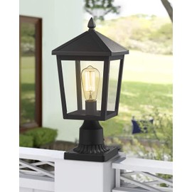 zeyu Outdoor Post Light, 16 Inch Exterior Pole Light Pillar Lantern with Clear Glass Shade and Black Finish, 20076P