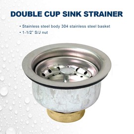 Highcraft 9737 Double Cup Kitchen Sink (3-1/2 Inch) Stainless Steel Drain Assembly with Strainer Basket and Rubber Stopper
