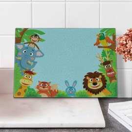 Lunarable Animals Cutting Board, Jungle Cartoon Animals Parrot Bird Bunny Fox Giraffe Monkey Deer Antler Lion, Decorative Tempered Glass Cutting and Serving Board, Small Size, Multicolor