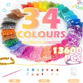 GIAK Loom Bands Set Loom Rubber Bands Kit 14300 Pieces Loom Bands Set for Bracelets 34 Colours with Accessories DIY Colourful Rubber Bands for Children Girls Boys