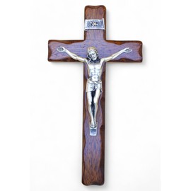 Wall Cross - Crafts Made in Italy Christ and INRI 999 Silver Plated - Wooden Wall Cross Care and Precision of the Details of the Jesus Crucifix - 25 x 14 cm