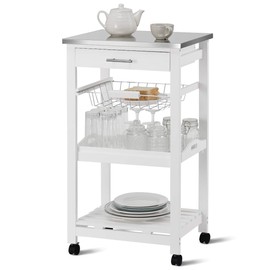 Giantex Kitchen Island Cart Rolling Kitchen Trolley with Stainless Steel Tabletop Utility Storage Cart Restaurant Hotel Serving Cart with Casters, Drawer, Basket and Shelf (White)