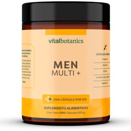 Men Multivitamin + con 200 capsulas. Multivitamínico para Hombre con Vitaminas y Minerales, Creatina, Vitamina C, D (400 IU), Zinc, BCAA, Ginseng, Hierro, Selenio, Guaraná, Ginseng y Complejo B.