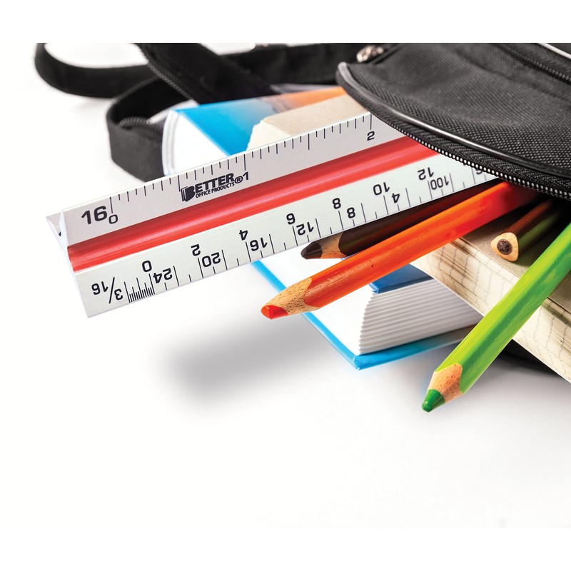 Better Office Products Triangular Ruler, 12 inch Metal Ruler, Triple