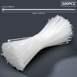 Pack of 500 Cable Ties, White, 200 mm, Adjustable Cable Ties, Small, UV Resistant for Cable Management, Crafts