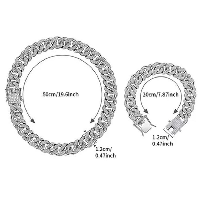 2Pcs Cuban Link Chain Rhinestone Necklace Bracelet Set Gift for