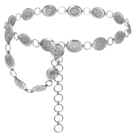 Putcuku Women Western Belt Concho Chain Belts Bobo Turquoise Waist Chain Cowgirl Metal Belts (Silver-L)