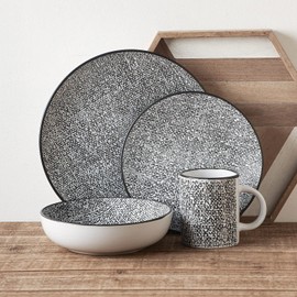 Stone + Lain Sophie Rustic Stoneware Dinnerware Service for 4, Black and White Textured, 16 Pieces