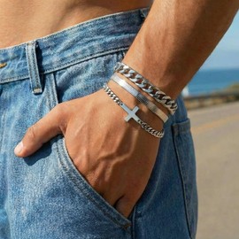 QINJIEJIE Cross Bracelet for Men, Mens Cross Bracelet Silver Stainless Steel Chain Religious Christian Bracelets Set for Men Dad Boyfriend