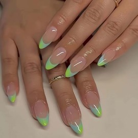 24 uñas postizas francesas cortas con forma de almendra, uñas acrílicas estilo nude, brillantes y adhesivas, para mujer, kit de 12 tamaños.