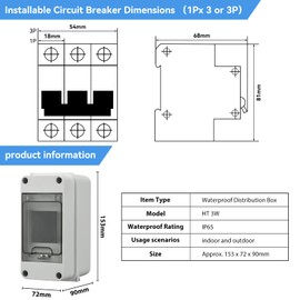 Surface-Mounted Distribution Box DIN Rail 1 Row 3 Modules 72 x 90 x 153 mm IP65 Waterproof Distribution Cabinet Surface-Mounted Fuse Box for Electrics, Communication