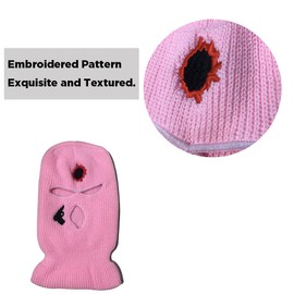 2 Pieces 3-Hole Knitted Ski Mask Embroidery Full Face Cover Thermal Balaclava Windproof Neck Warmer Mask Hat Outdoor Riding Cycling-Pink